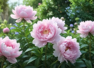Fototapeta premium Soft pink peonies in a garden with pastel blue flowers and greenery, floral patterns, botanical art