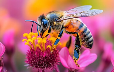 Closeup detailed illustration of a bee on a flower, collecting nectar and pollinating, with emphasis on bee anatomy, buzzing wings, stamen, pistil, and vibrant yellowblack hues