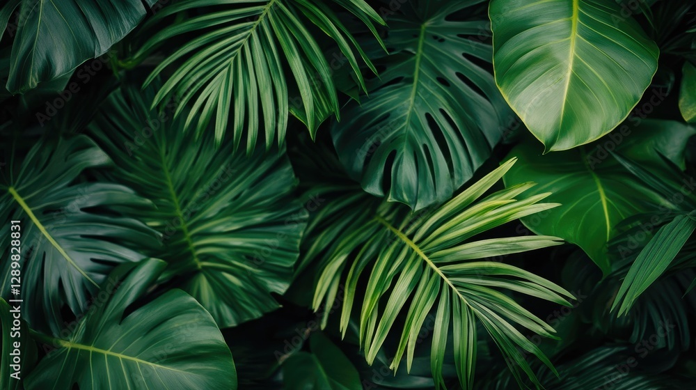 Poster a close-up of a vibrant green palm leaf texture, showcasing the natural patterns and details in a tr