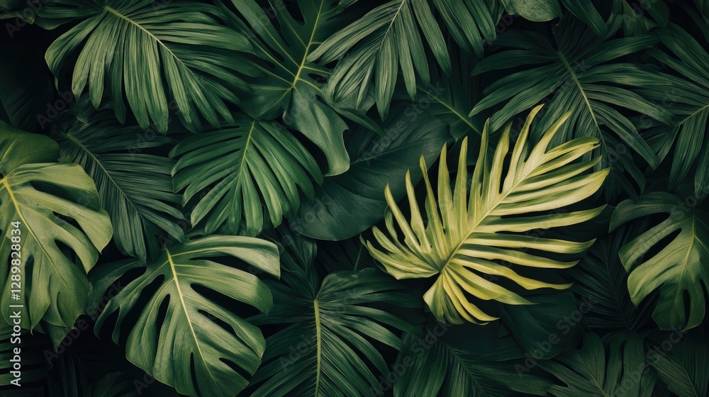 Poster a close-up of a vibrant green palm leaf texture, showcasing the natural patterns and details in a tr