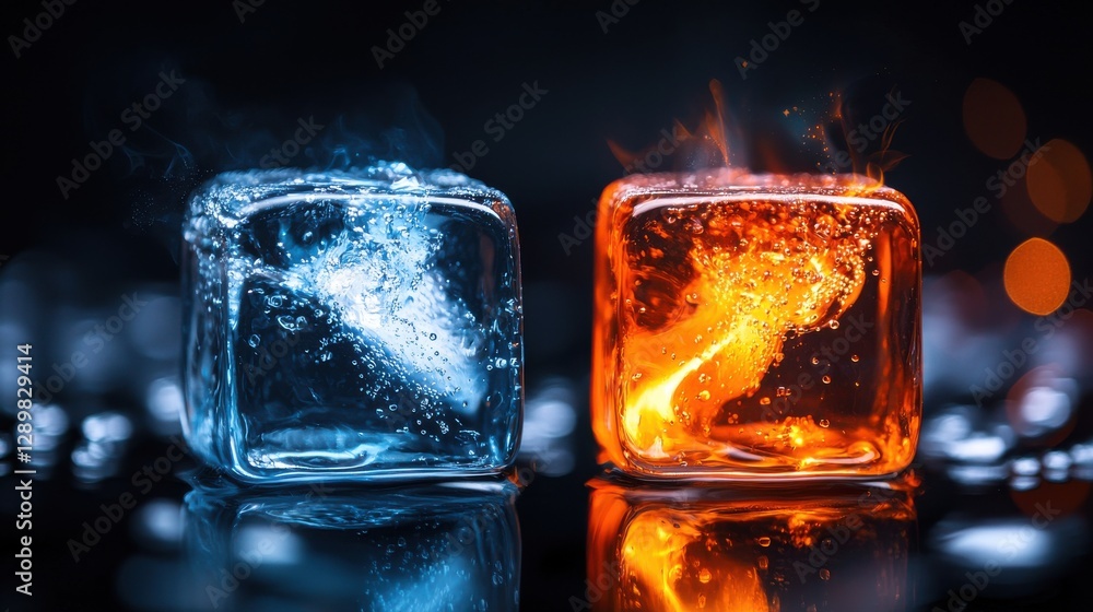 Poster striking visual composition featuring contrasting ice and fire cubes representing the dynamic balanc