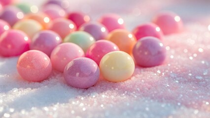 Sweet and colorful candy balls in pastel tones scattered across a white, granulated surface resembling sugar. Ideal for projects related to desserts, party supplies, or children's treats
