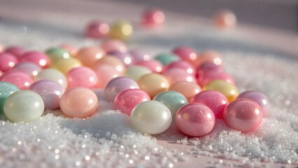 An eye-level close-up presents a collection of round, glossy candies in pastel shades of pink, purple, and blue, contrasted against coarse white sugar. Suitable for representing sweetness, baking ingr