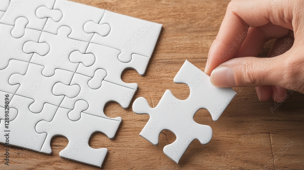 Poster puzzle pieces on a wooden table symbolizing the process of problem solving strategic thinking and co