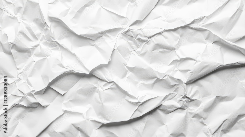 Poster a close-up shot of crumpled white paper with visible creases and wrinkles, isolated against a white 