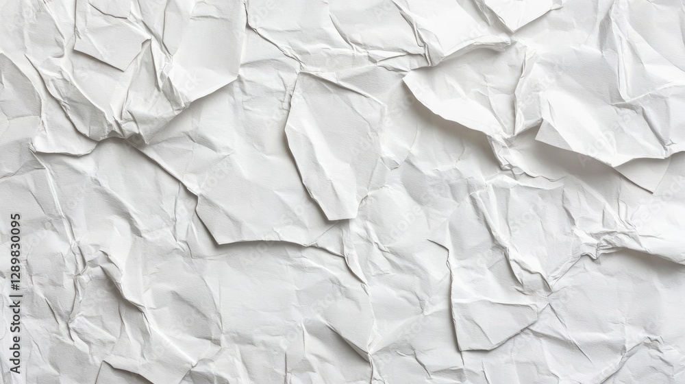 Poster a close-up shot of crumpled white paper with visible creases and wrinkles, isolated against a white 