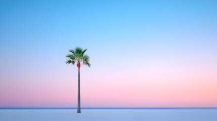 Obraz premium Single Palm Tree on a Pink and Blue Beach Sunset