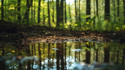 Fototapeta premium A close-up view of a reflective moment in a forest clearing, surrounded by nature's beauty, creating a spiritual atmosphere of peace and remembrance.
