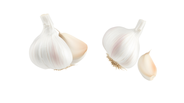 Isolated pungent garlic bulbs and cloves on transparent background offer versatile use