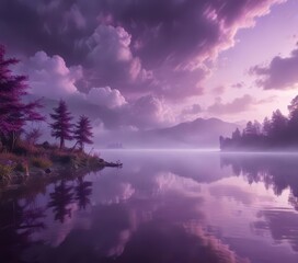 Swirling clouds of purple mist over a serene lake,  dreamy,  abstract