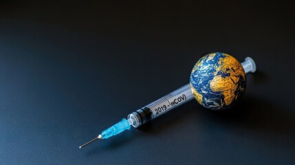 Global vaccination, syringe, earth, dark background, health crisis, medical concept