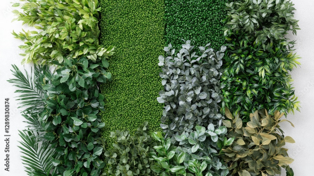 Poster A collection of artificial greenery, including plants and grass panels, offering a wide selection for design projects seeking realistic and low-maintenance solutions.