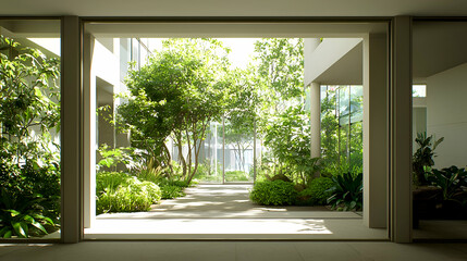 Fototapeta premium Sunlit Courtyard Garden with Lush Greenery and Modern Architecture