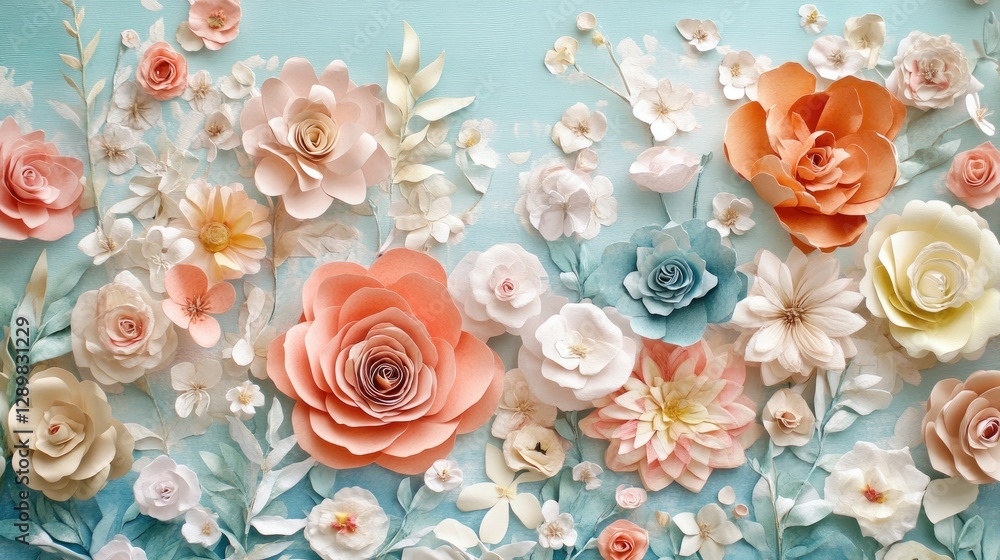 Poster a collection of colorful spring blooms arranged artfully on a soft paper background, creating a fres