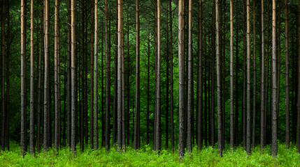 Fototapeta premium Dense Green Pine Forest with Evenly Spaced Trees