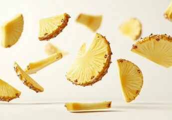 Naklejka premium Slices of Fresh Pineapple Floating in Mid-Air on Cream Background