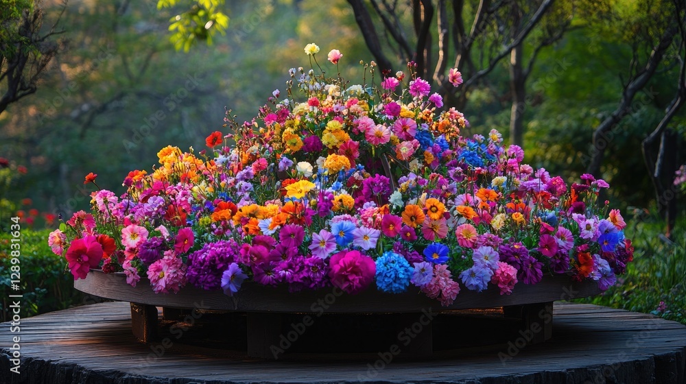 Aufkleber A colorful floral carousel resting on a wooden platform, with each flower displaying a different burst of color, creating a mesmerizing view.