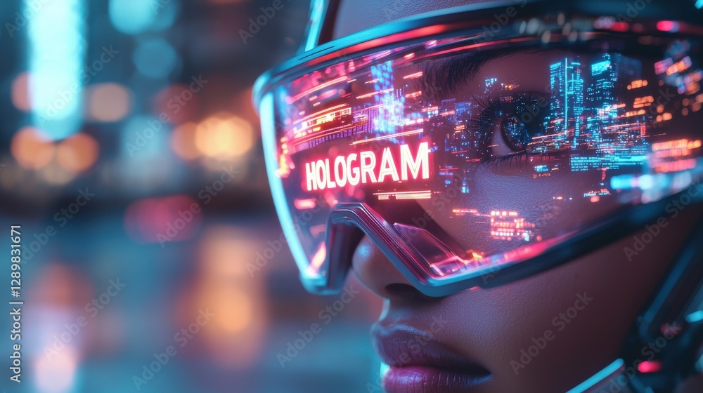 Aufkleber holographic projection of a futuristic cityscape at night with glowing neon lights high tech archite
