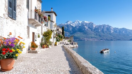 Fototapeta premium Lakeside Italian village promenade, mountains, sunny day, travel