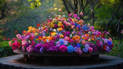 Obraz premium A colorful floral carousel resting on a wooden platform, with each flower displaying a different burst of color, creating a mesmerizing view.