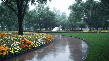 Serene Rain in a Vibrant Park