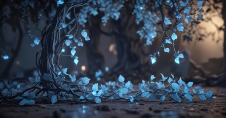 Twisted vines and leaves emitting soft blue light,  aura, psychoactive