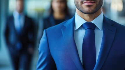 A confident man in a sharp blue suit exudes professionalism and authority, with blurred colleagues in the background, symbolizing success and teamwork.