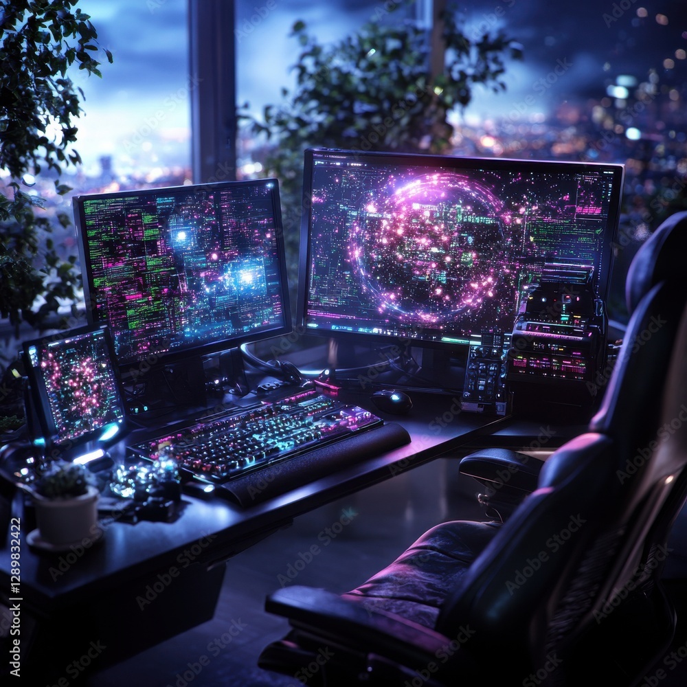 Poster futuristic cyberpunk inspired computer workstation with glowing neon lights and advanced gaming setu
