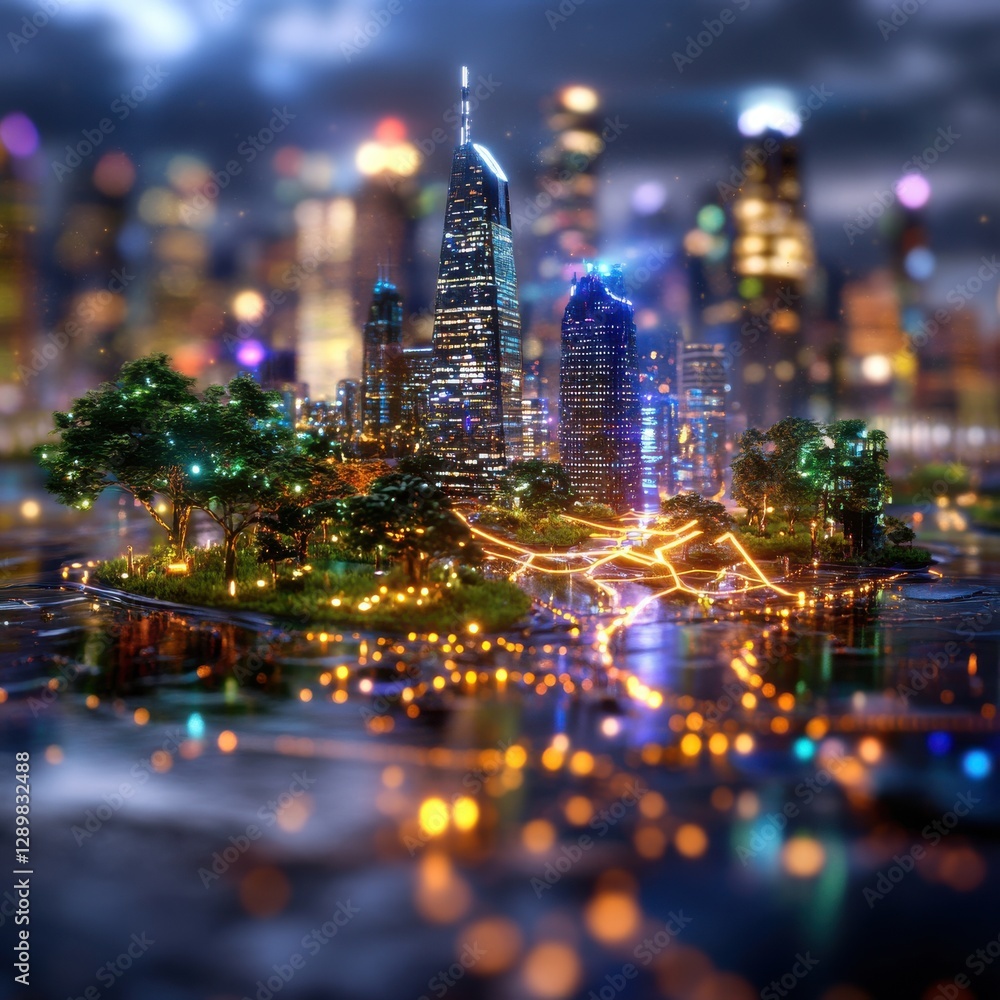 Poster mesmerizing nighttime cityscape with glimmering reflections and illuminated skyscrapers dynamic and 