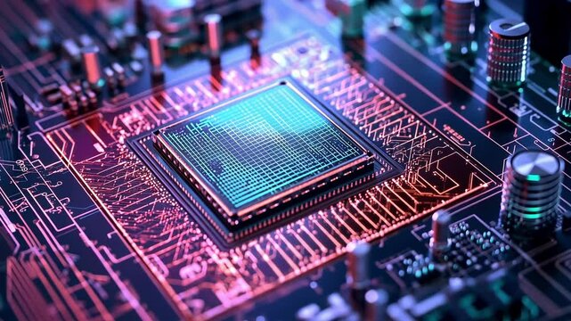 An intricate closeup of a quantum processor chip embedded within a lab setup showcasing its crystalline patterns and microcircuits while subtle glowing elements indicate active computations