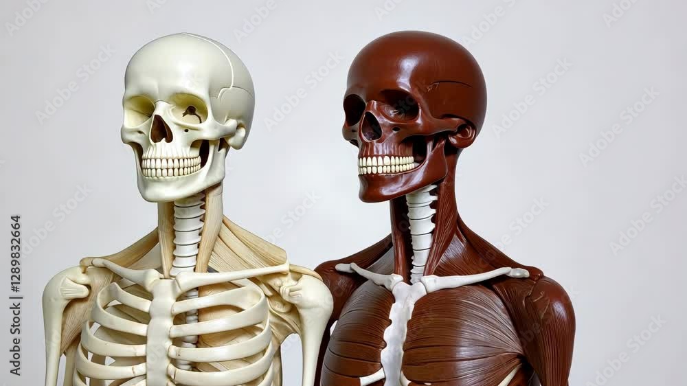Poster two anatomical models of human skeletons with muscles and bones displayed side by side, showcasing d