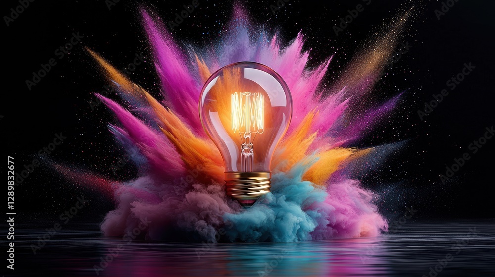 Poster vibrant dynamic image of a glowing light bulb erupting in a burst of color energy and the image conv