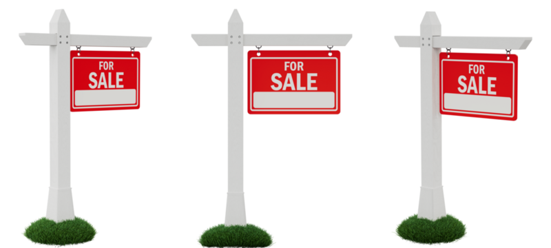 For Sale Real Estate Sign – Multiple Angles on White Post with Grass Base - isolated transparent PNG