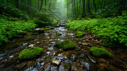 Serene Forest Stream with Mossy Rocks and Lush Green Vegetation