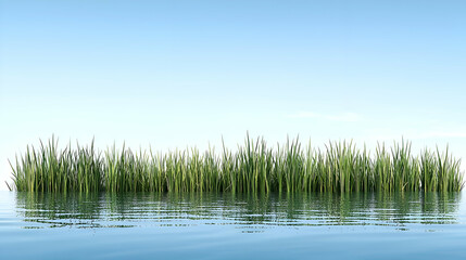 Obraz premium Green Grass Reflecting on Calm Blue Water