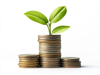 Financial Growth Concept: Coins and a Sprouting Plant on White Background
