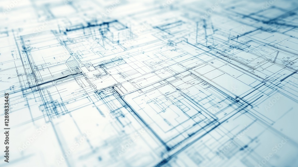 Poster A creative architectural blueprint mockup with a photo effect overlay, showing detailed lines and design templates on paper.
