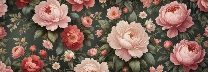 Vintage floral wallpaper with roses and peonies ,  wallpaper borders,  garden flowers