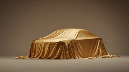 Luxurious car covered in shimmering golden fabric, creating elegant and minimalist aesthetic
