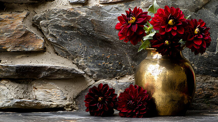 A vase of red flowers sits on a stone wall. generated using AI