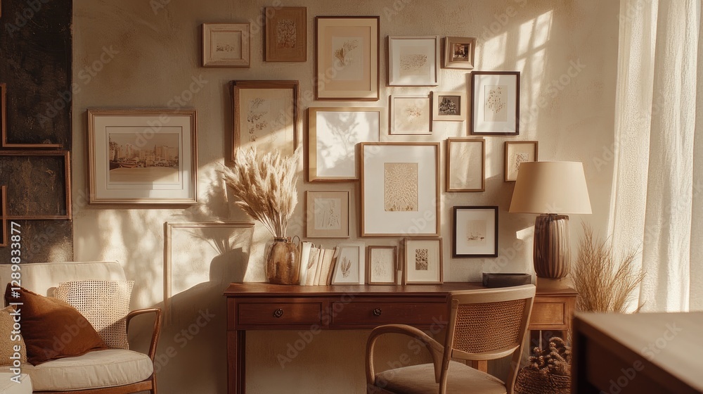 Poster a creative mockup showing a photo frame gallery wall, with various frame styles and sizes arranged f
