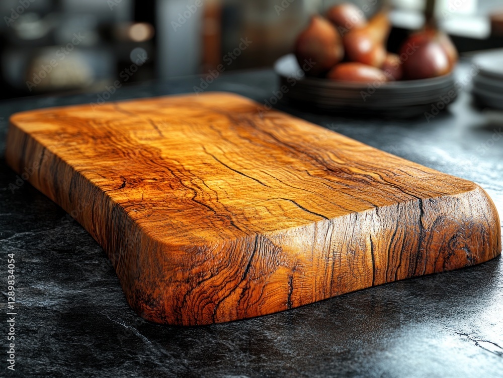 Poster hyper-realistic wooden cutting board showcasing intricate grain patterns on dark slate background