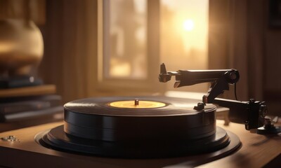 Obraz premium Vinyl record spinning on phonograph with warm golden light , records, golden