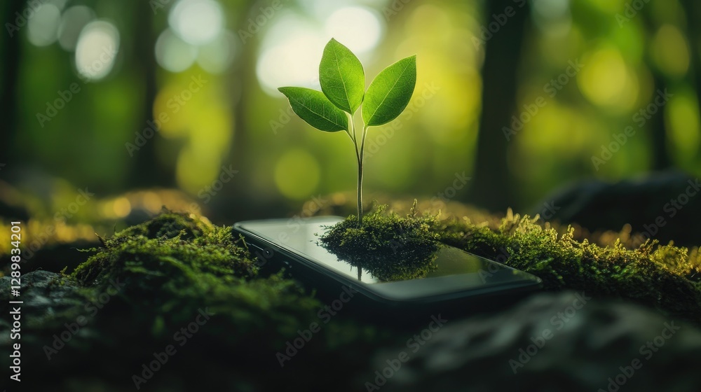 Poster a creative shot of a smartphone surrounded by nature, with a plant sprouting directly from the scree