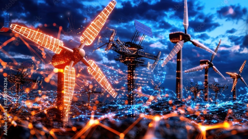 Poster futuristic illuminated skyline with towering architectural skyscrapers advanced technological struct