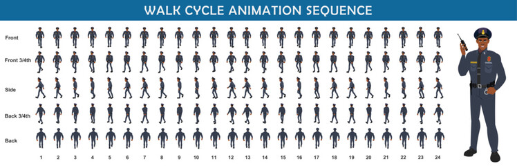 
Police Officer Character Design Model Sheet. Man, Character design. Front, side, back view and explainer animation poses. Character set with lip sync and Walk cycle animation sequences.
