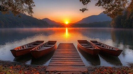 Serene Sunset over Mountain Lake with Boats