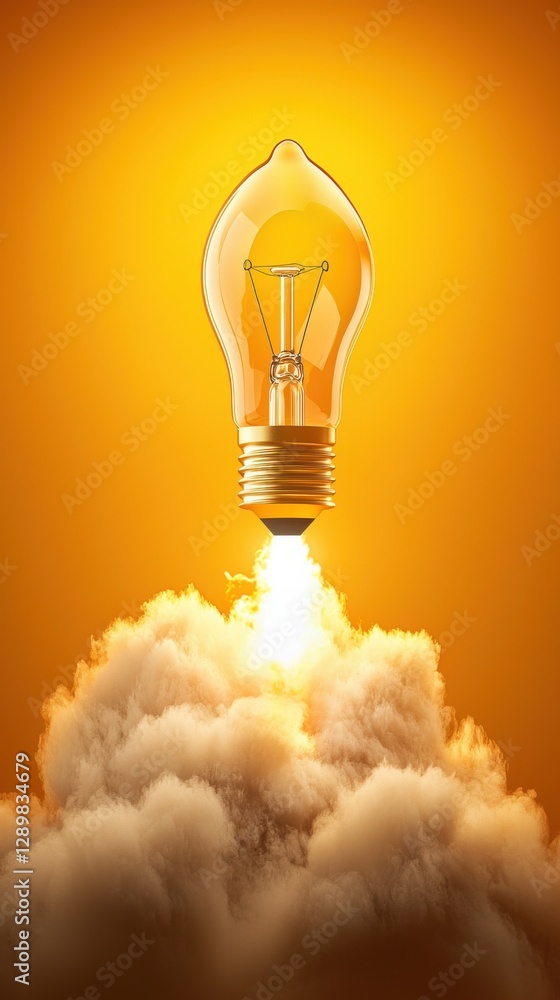 Poster glowing lightbulb soaring upwards surrounded by clouds of smoke symbolizing the spark of a new innov