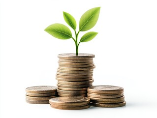 Growing Wealth: A Symbolic Stack of Coins with a Flourishing Plant
