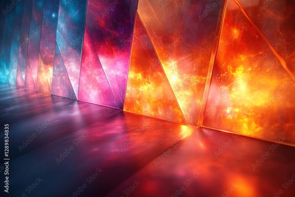 Poster light refraction spectrum of colors with abstract geometric shapes on black background